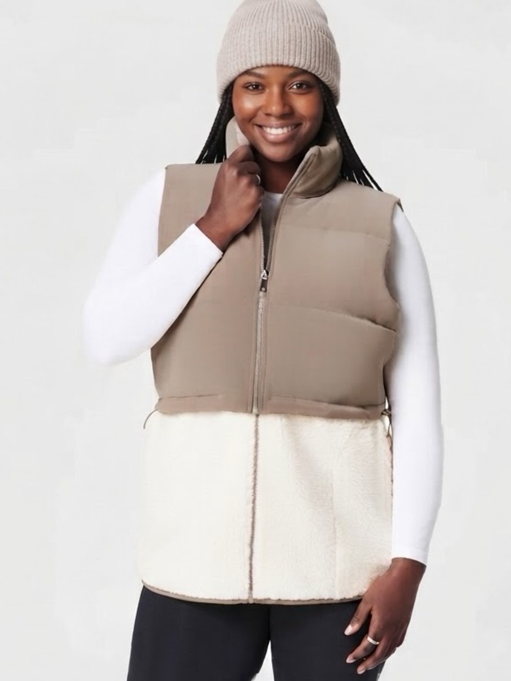 SPANX Two-In-One Velour Fleece Puffer Vest Tan Ivory combo Sz 1XL